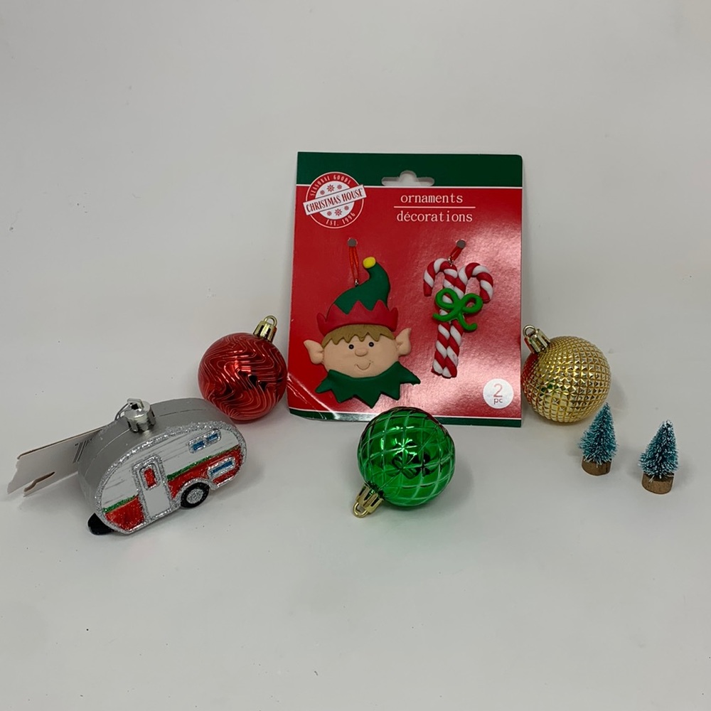 8 piece lot Christmas tree ornaments decorations Elf trees tv and balls new